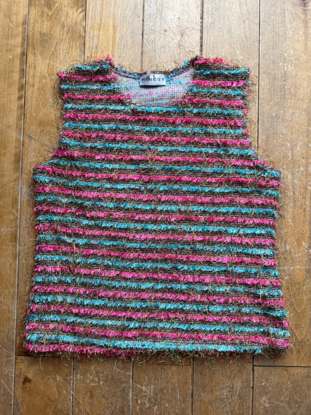 y2k Ninety Striped Fuzzy Knit Sleeveless Top in Pink, Teal & Green